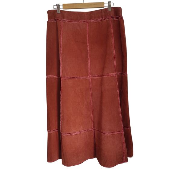 Vintage Lew Magram Sz 16 Burnt Orange Suede Leather Patchwork Midi Maxi Skirt - Picture 1 of 5